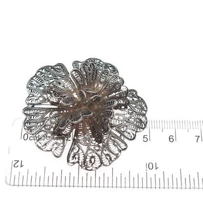 925 Sterling Silver Vintage Flower Filigree Oxidized Pin Brooch / Pendant