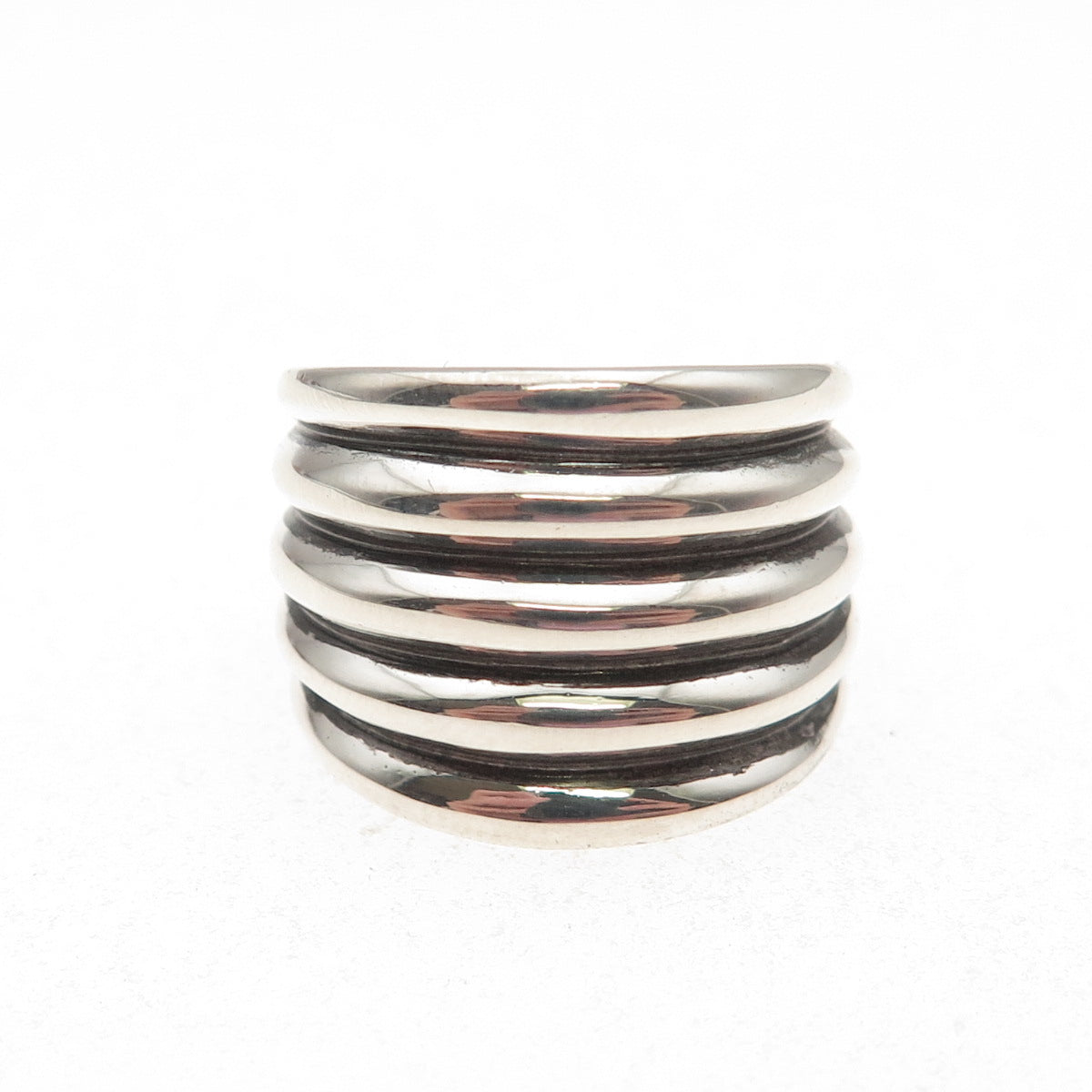 925 Sterling Silver Vintage Modernist Ribbed Oxidized Ring Size 8