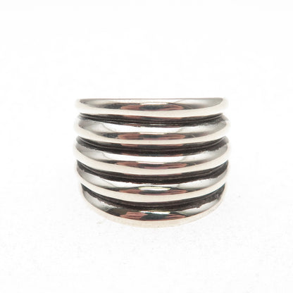 925 Sterling Silver Vintage Modernist Ribbed Oxidized Ring Size 8