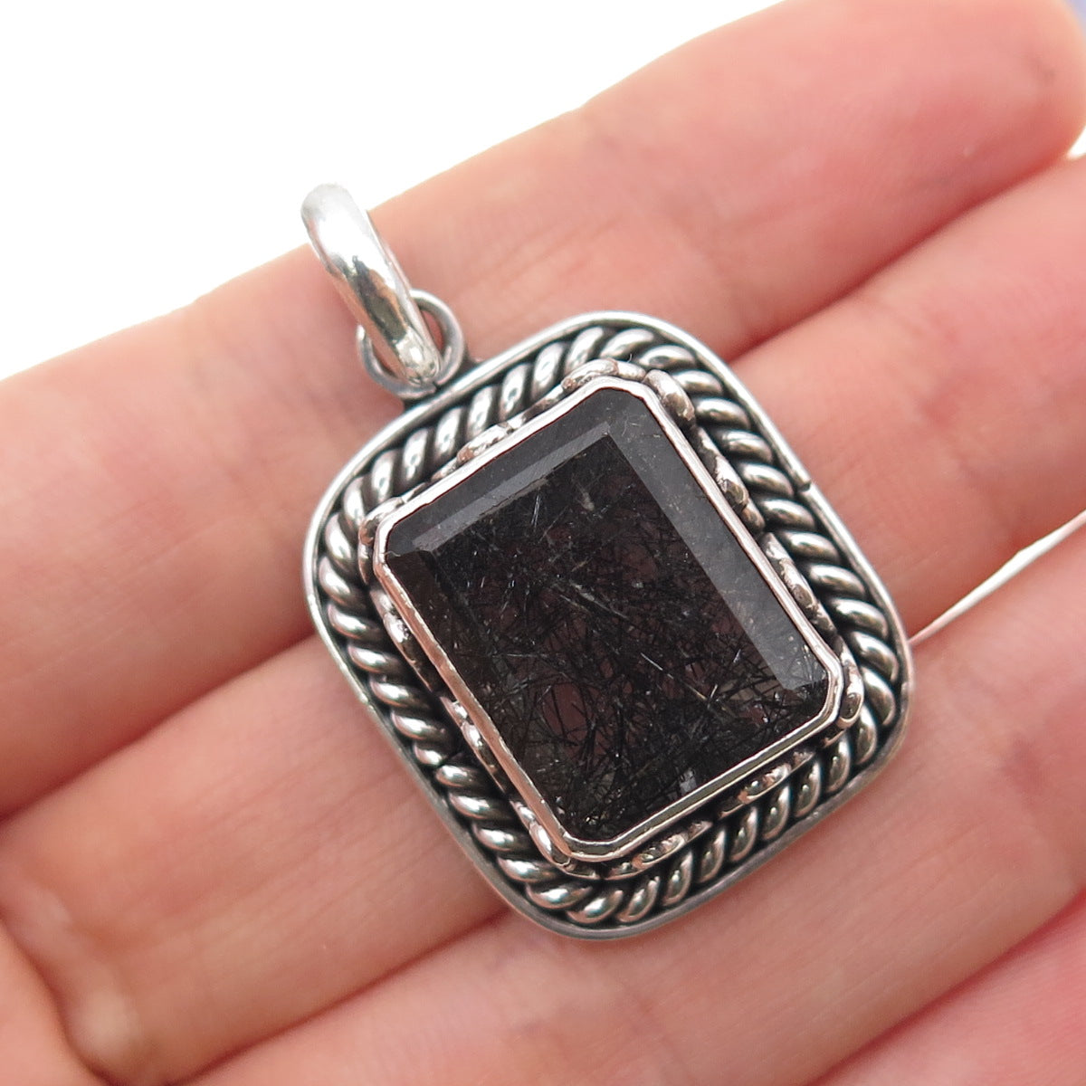 925 Sterling Silver Vintage Real Rutilated Quartz Oxidized Charm Pendant