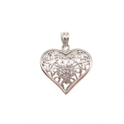 925 Sterling Silver Round-Cut C Z Floral Heart Charm Pendant