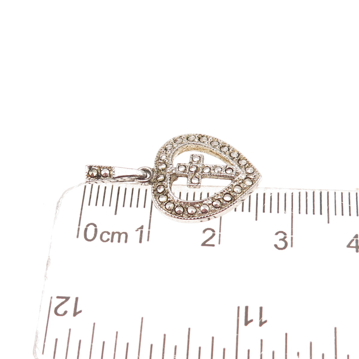 Theda Sterling Silver Antique Art Deco Real Marcasite Cross Heart Charm Pendant