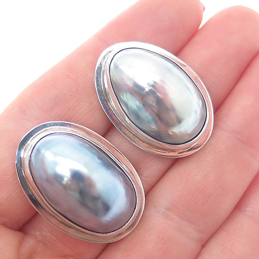 NOKU Sterling Silver 14K Gold Posts Vintage 1991 Real MOP Modernist Earrings