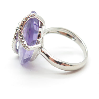 925 Sterling Silver Real Amethyst & White Topaz Wavy Ring Size 7.25