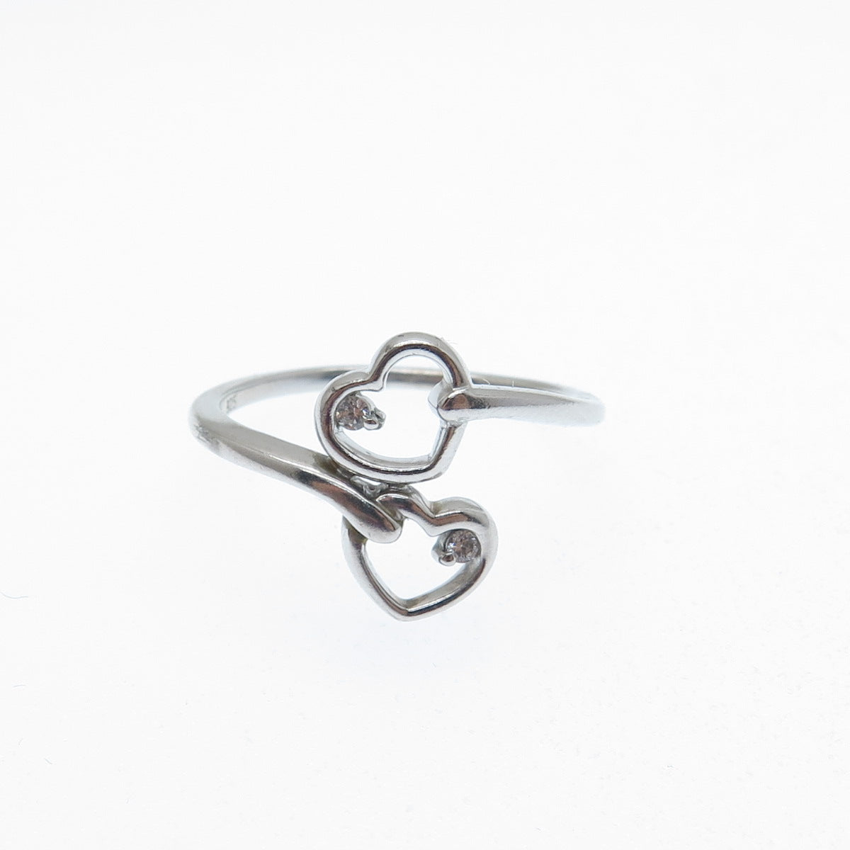 925 Sterling Silver Round-Cut C Z Heart Bypass Ring Size 6.75