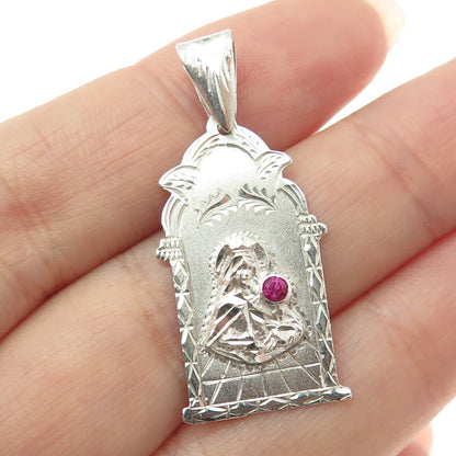 925 Sterling Silver Vintage Lab-Created Ruby St. Mary Religious Pendant