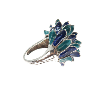 INDUSTRIA PERUANA 925 Sterling Silver Vintage Enamel Modernist Ring Size 7.25