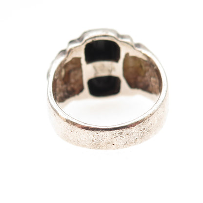 925 Sterling Silver Vintage Real Black Onyx Modernist Oxidized Ring Size 6.5