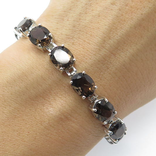 HAN 925 Sterling Silver Real Oval-Cut Smoky Quartz Tennis Link Bracelet 7"