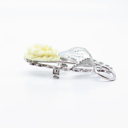925 Sterling Silver Vintage BEAU Real Shell Rose Floral Pin Brooch