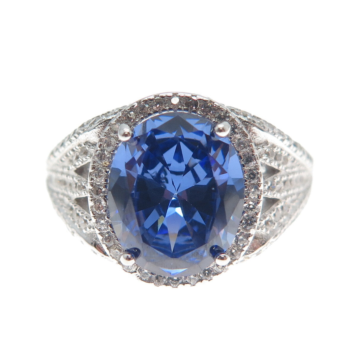 DSMK 925 Sterling Silver White Round-Cut Blue Oval-Cut Shaped C Z Ring Size 7.25