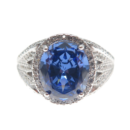 DSMK 925 Sterling Silver White Round-Cut Blue Oval-Cut Shaped C Z Ring Size 7.25