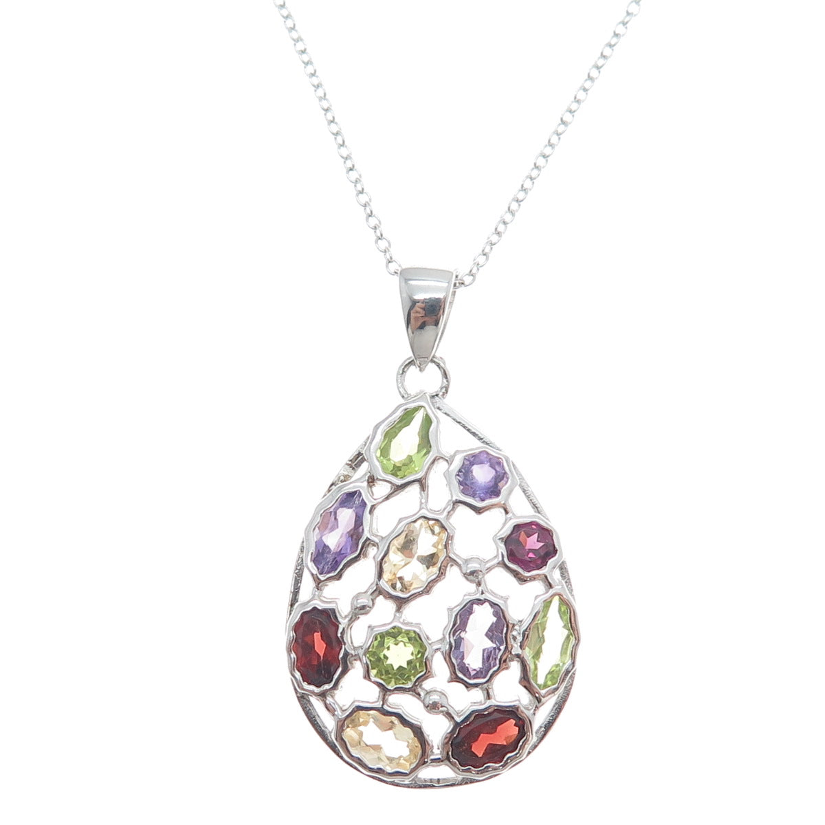 DSMK Sterling Silver Garnet Amethyst Citrine & Peridot Teardrop Necklace 16-18"