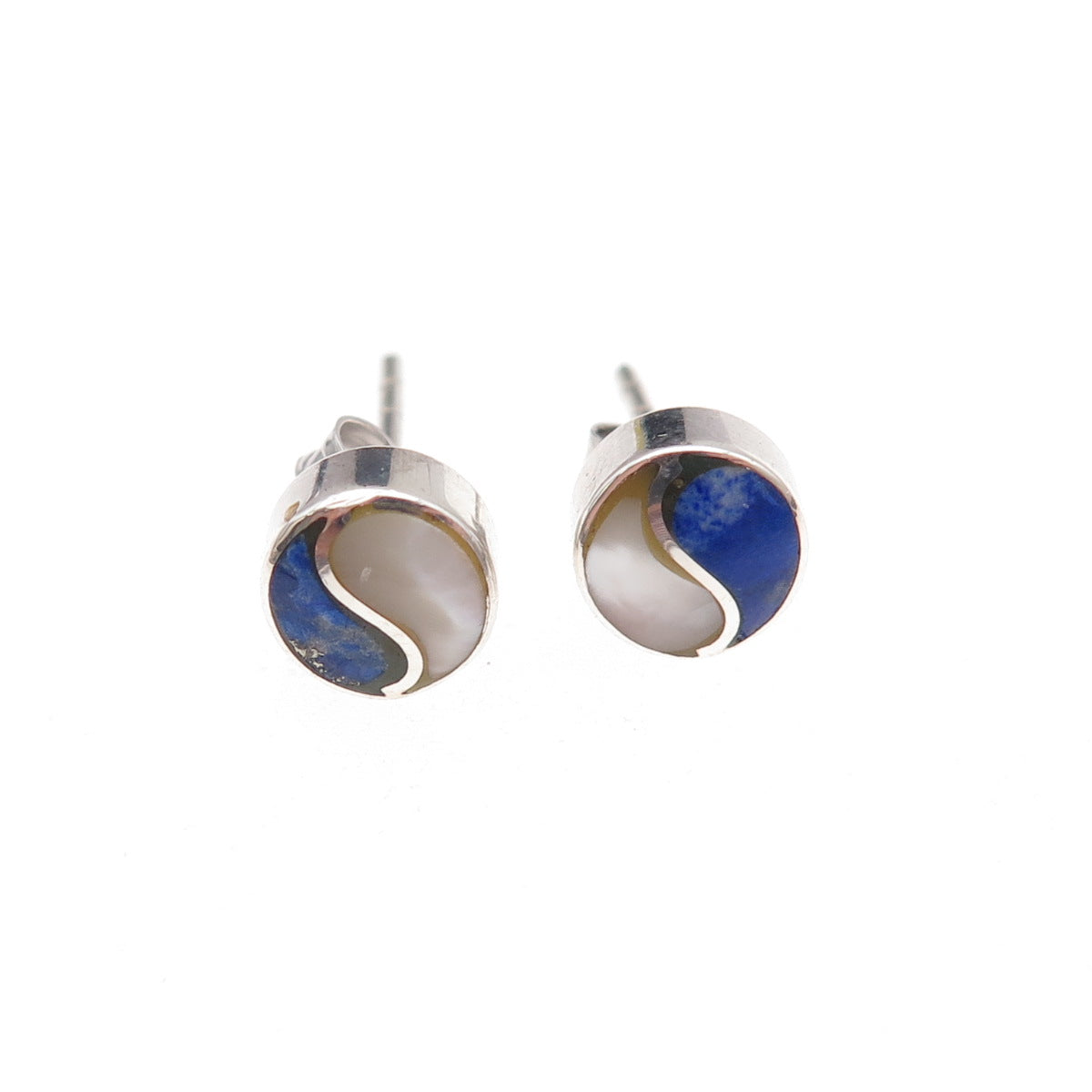 Old Pawn Sterling Silver Vintage Southwestern Lapis & MOP Yin Yang Stud Earrings