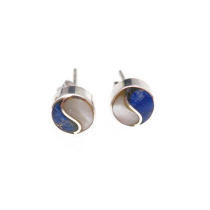 Old Pawn Sterling Silver Vintage Southwestern Lapis & MOP Yin Yang Stud Earrings