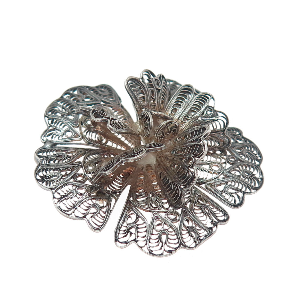 925 Sterling Silver Vintage Flower Filigree Oxidized Pin Brooch / Pendant