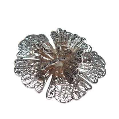 925 Sterling Silver Vintage Flower Filigree Oxidized Pin Brooch / Pendant
