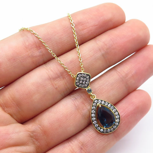 925 Sterling Silver Gold Plated White & Blue C Z Rolo Chain Necklace 18"