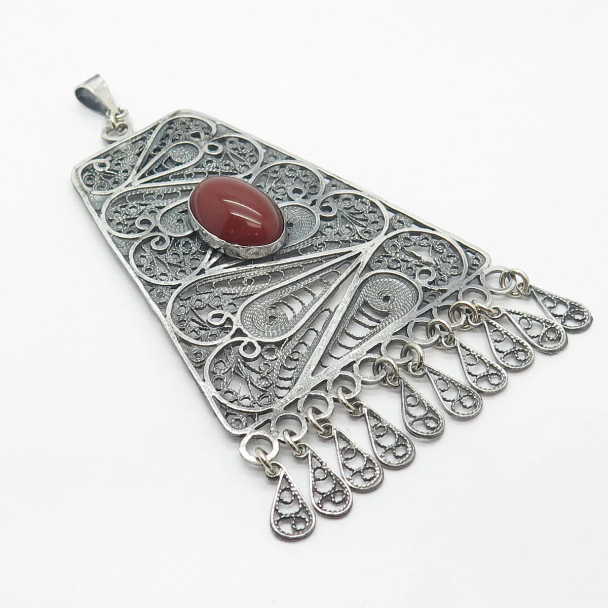 925 Sterling Silver Vintage Israel Real Carnelian Gemstone Filigree Pendant
