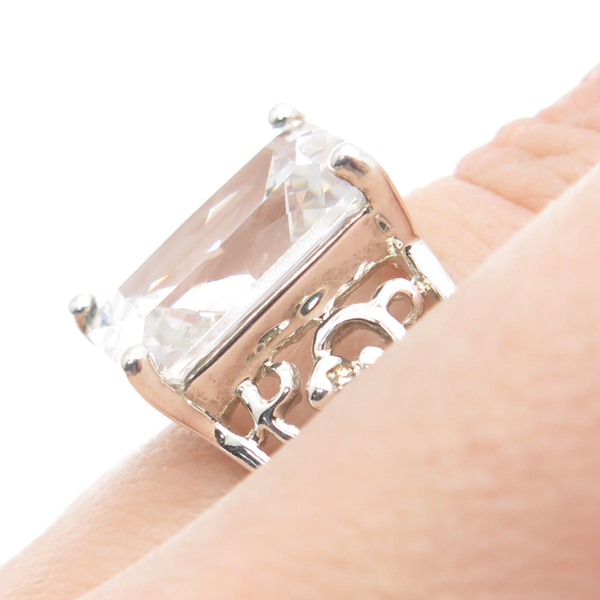 925 Sterling Silver Radiant-Cut C Z Ornate Ring Size 7