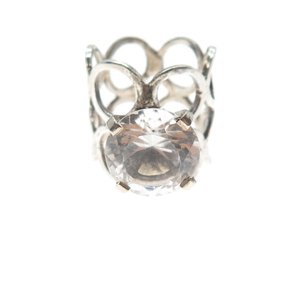 925 Sterling Silver Vintage Real Round-Cut White Topaz Modernist Ring Size 6.75