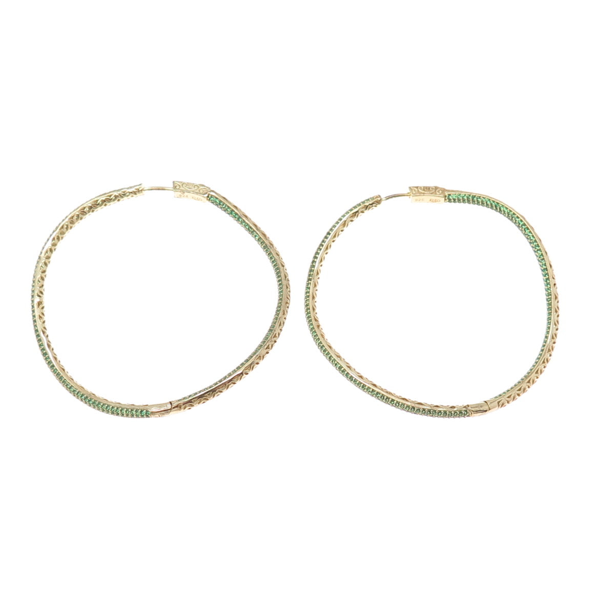 KLEO 925 Sterling Silver Gold Plated Green C Z In & Out Wavy Large Hoop Earrings