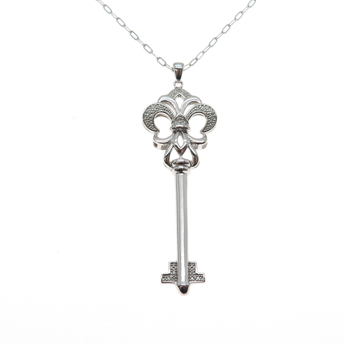925 Sterling Silver Real Diamond Fleur de Lis Key Cable Chain Necklace 32"