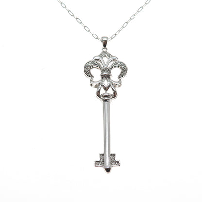 925 Sterling Silver Real Diamond Fleur de Lis Key Cable Chain Necklace 32"