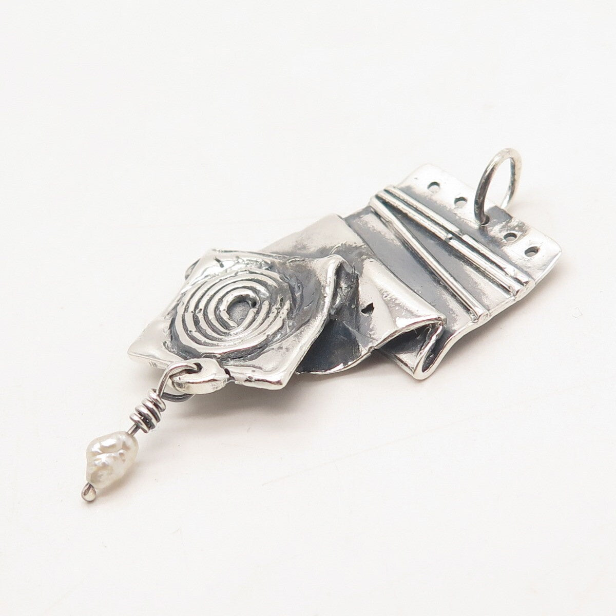 925 Sterling Silver Vintage Real Pearl Fingerprint Modernist Pendant