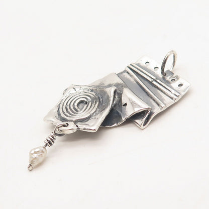 925 Sterling Silver Vintage Real Pearl Fingerprint Modernist Pendant