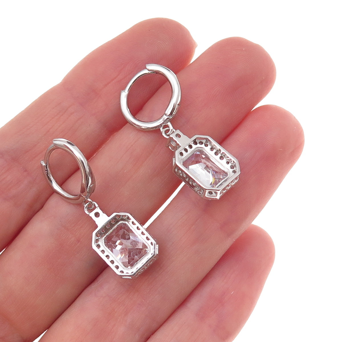 925 Sterling Silver Radiant & Round-Cut C Z Dangle Earrings