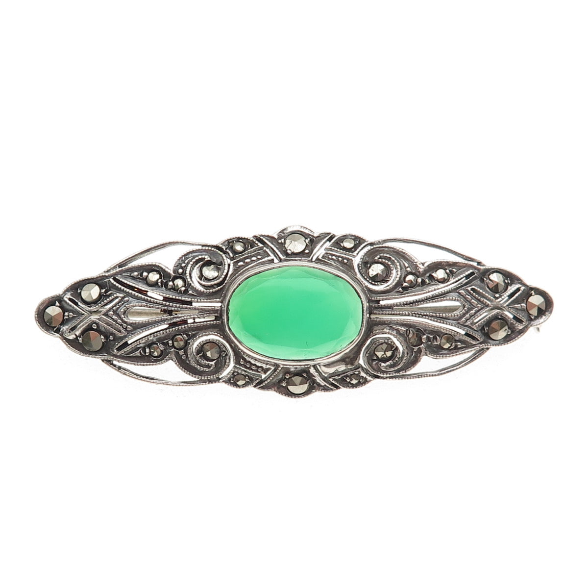 925 Sterling Silver Antique Art Deco Germany Green Onyx & Marcasite Pin Brooch