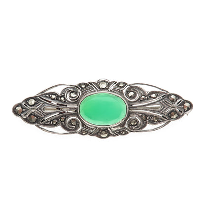 925 Sterling Silver Antique Art Deco Germany Green Onyx & Marcasite Pin Brooch