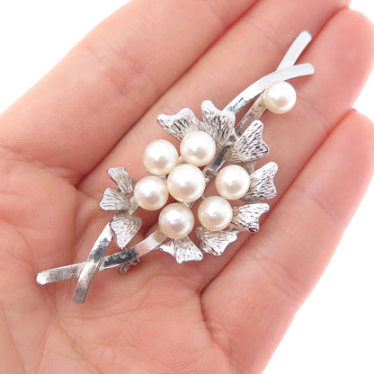 925 Sterling Silver Antique Art Deco Real Pearl Floral Pin Brooch (missing pin)
