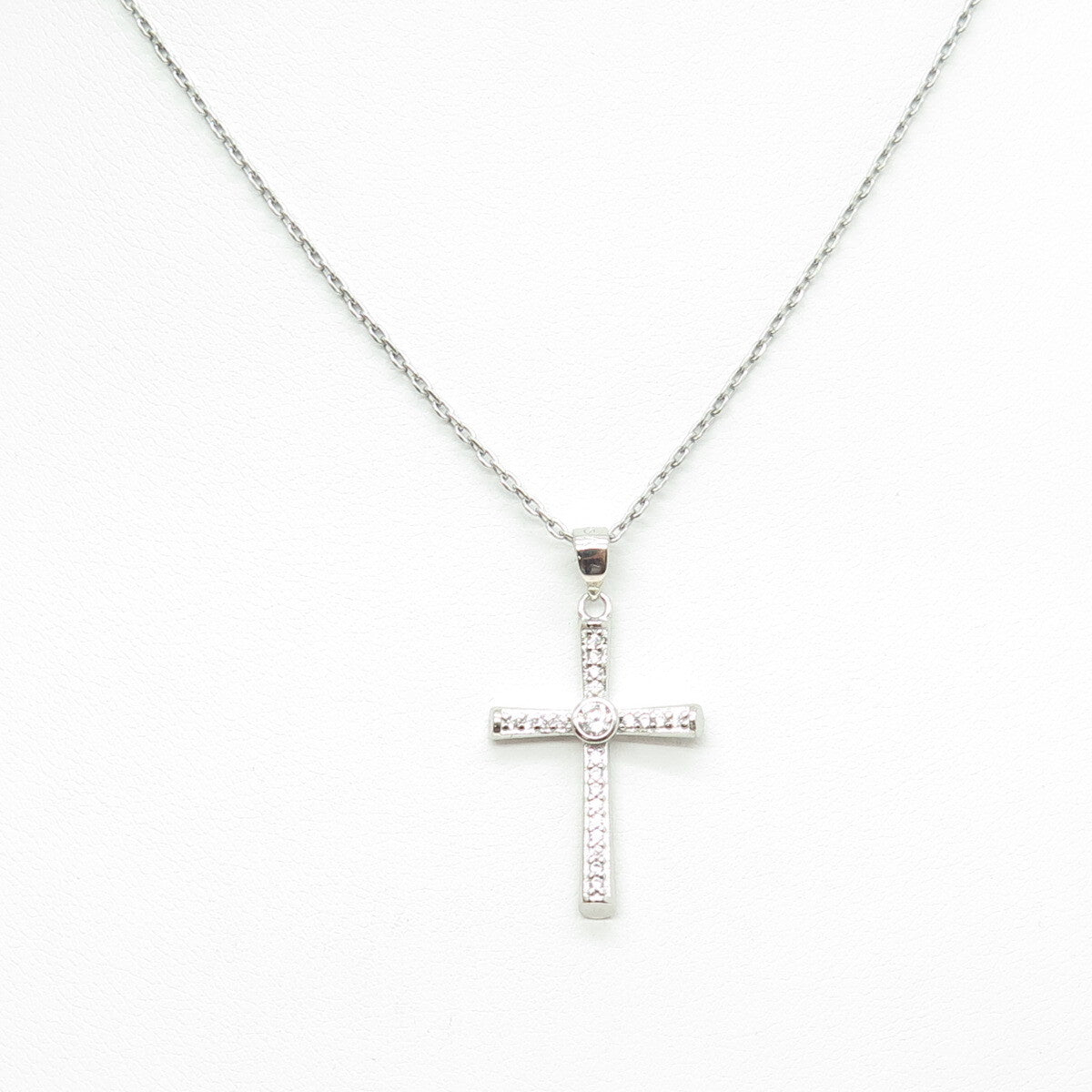925 Sterling Silver Italy Round-Cut C Z Cross Cable Chain Necklace 16"