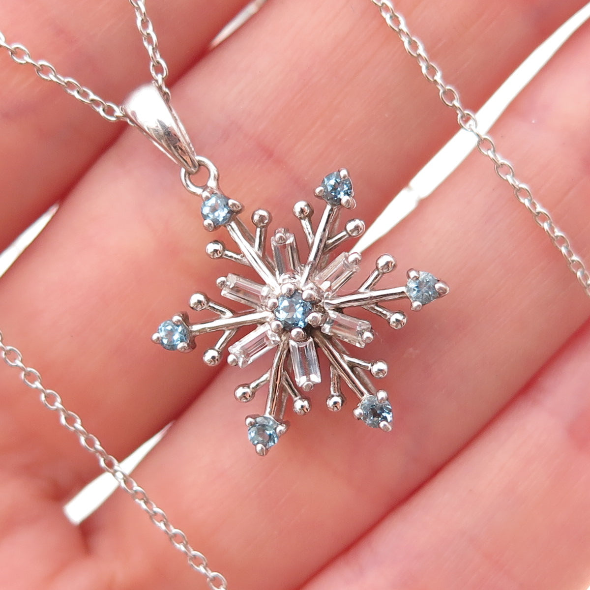 Alwand Vahan 925 Sterling Real Blue & White Topaz Snowflake Chain Necklace 18"