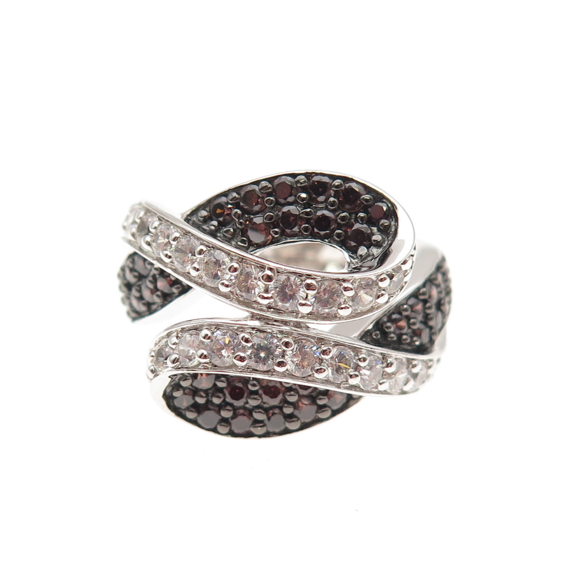 KEY STAR 925 Sterling Silver Round-Cut Black & White C Z Bypass Ring Size 5