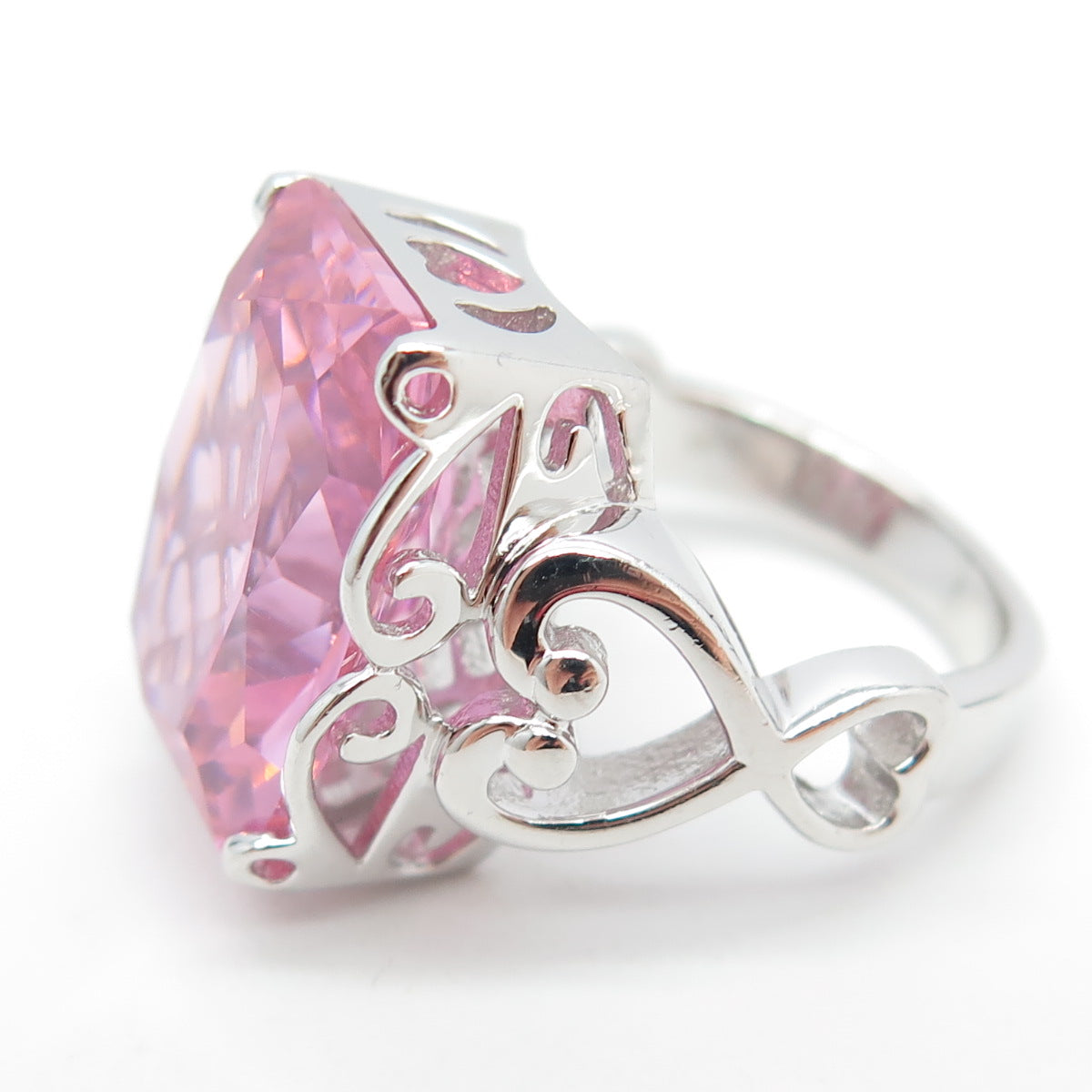 925 Sterling Silver Pink C Z Heart Ornate Statement Ring Size 7.25