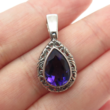 ATI 925 Sterling Silver Vintage Real Pear-Cut Amethyst Gem Swirl Ornate Pendant