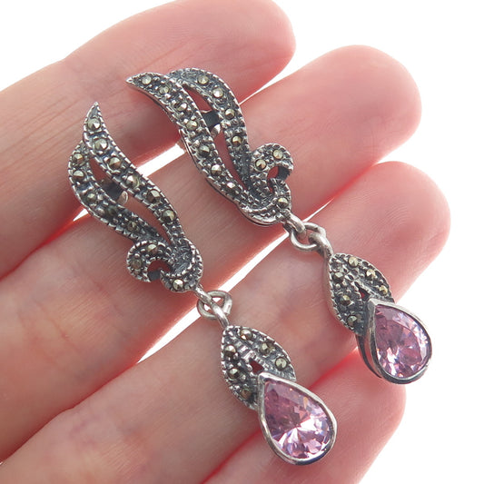 925 Sterling Silver Vintage Pink C Z & Marcasite Modernist Oxidized Earrings
