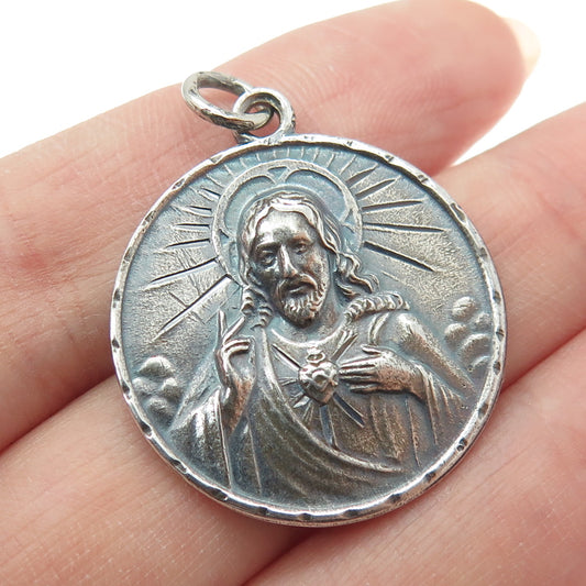 HMH Religious 925 Sterling Silver Antique St. Mary & Jesus Sacred Heart Pendant