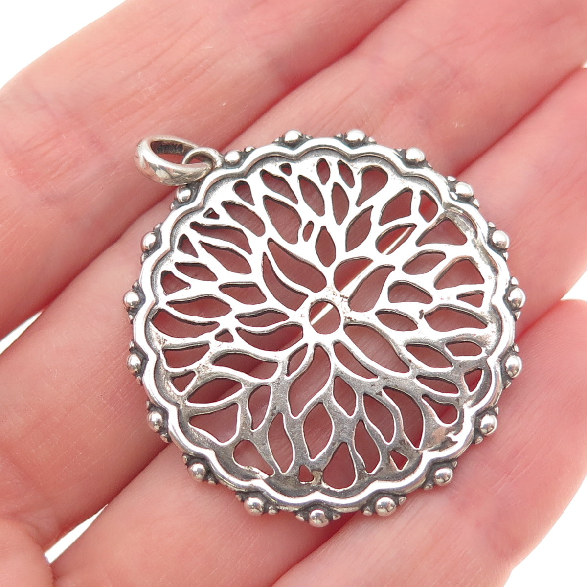 925 Sterling Silver Vintage Floral Oxidized Pendant