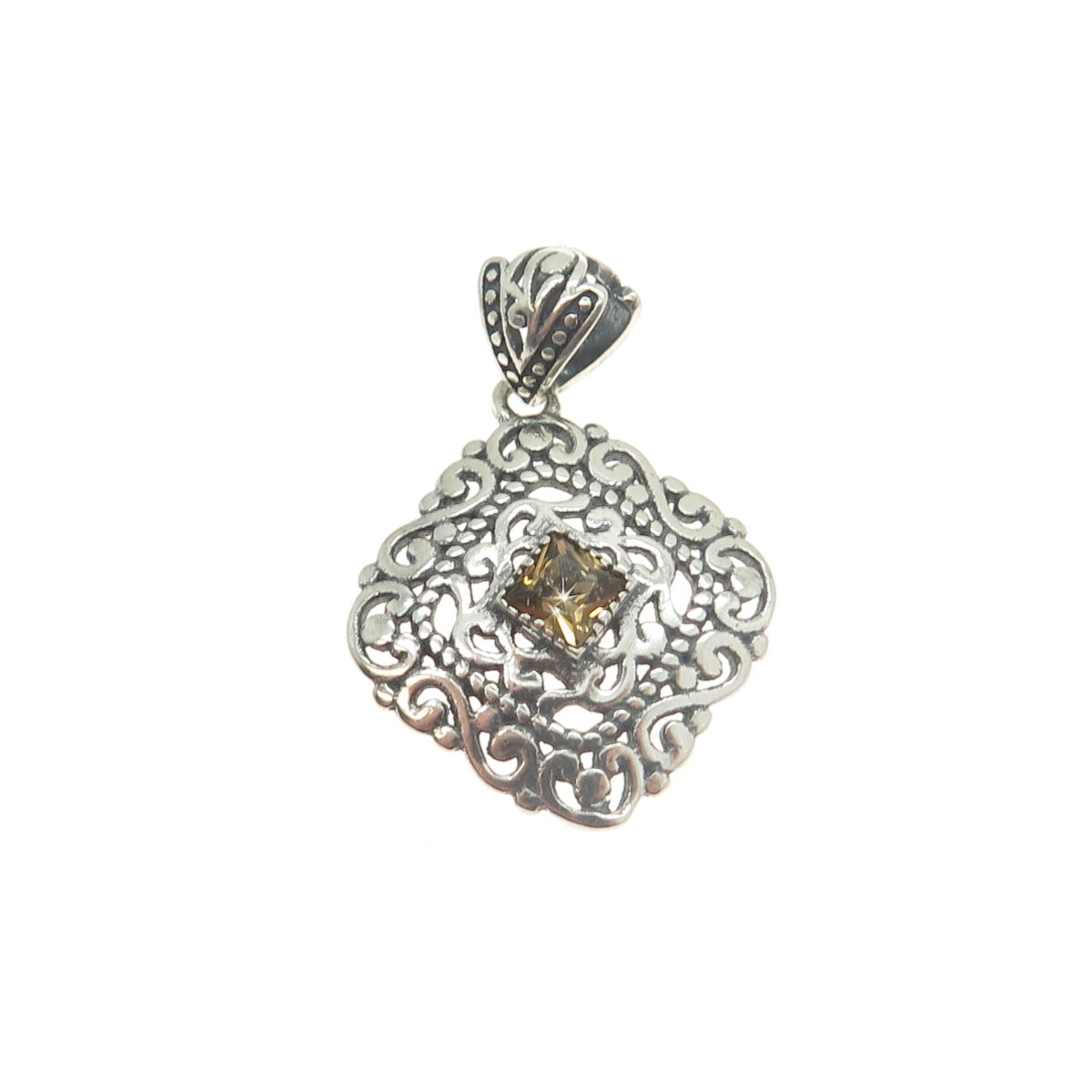 BERIA 925 Sterling Silver Princess-Cut Rhinestone Ornate Square Pendant