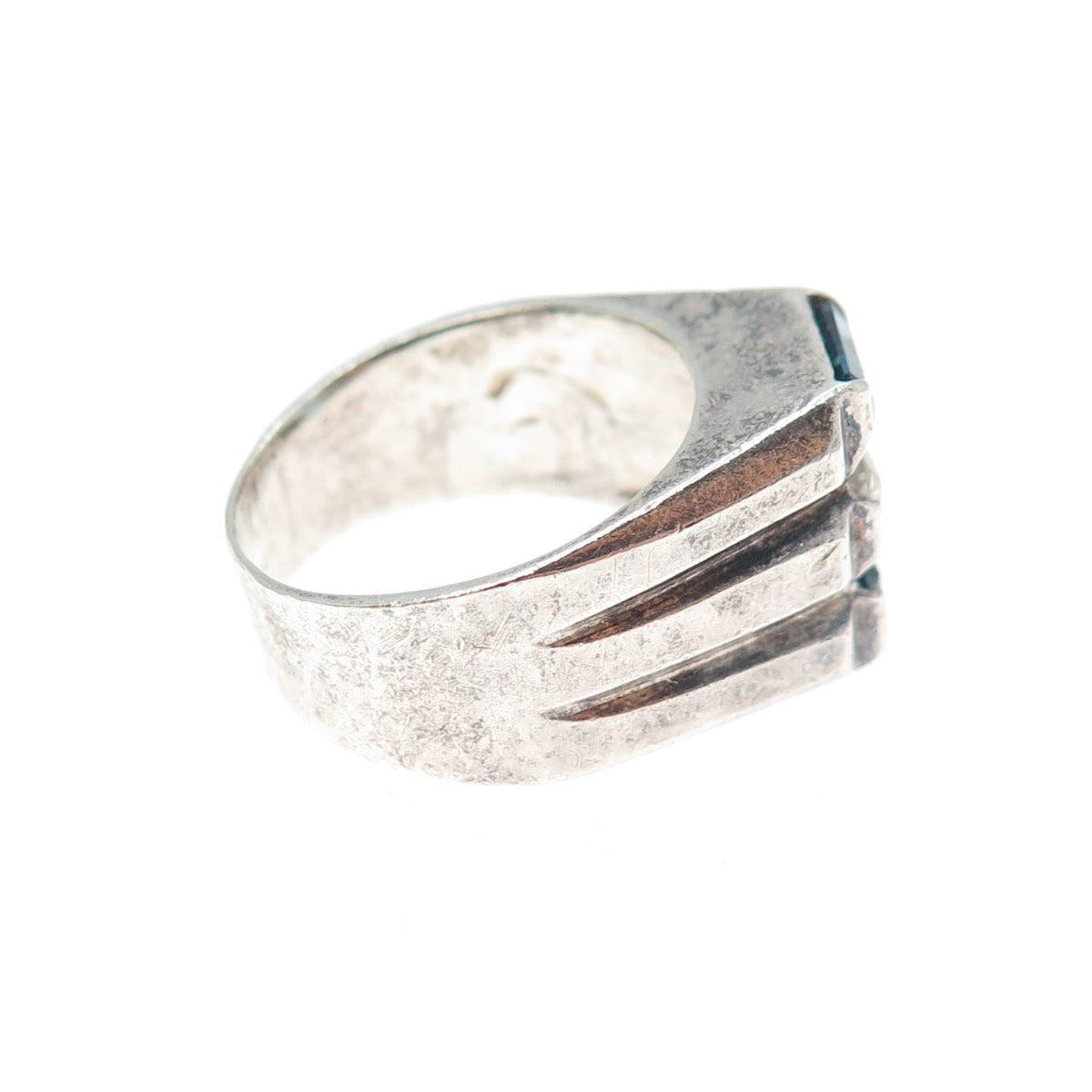925 Sterling Silver Vintage Emerald-Cut Blue & White C Z Oxidized Ring Size 6