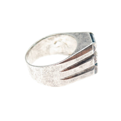 925 Sterling Silver Vintage Emerald-Cut Blue & White C Z Oxidized Ring Size 6