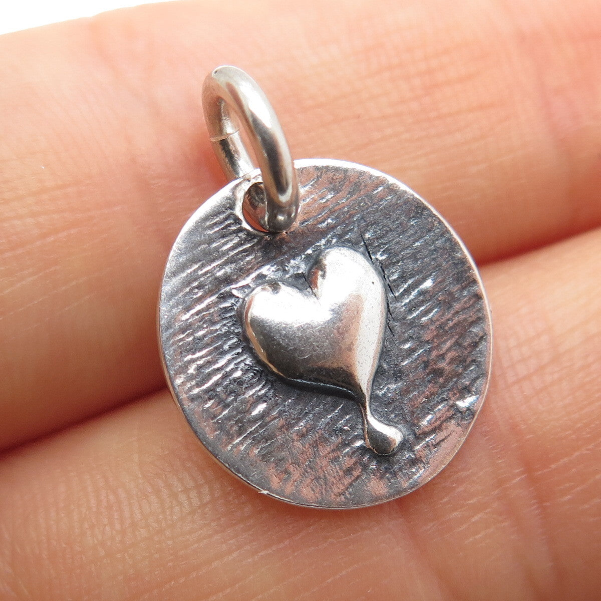 925 Sterling Silver Vintage Heart Love Round Tag Oxidized Mini Charm Pendant