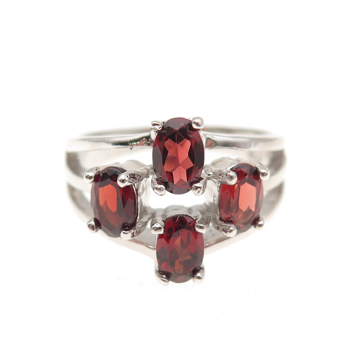 925 Sterling Silver Vintage Real Oval-Cut Red Garnet 3-Row Ring Size 7.5