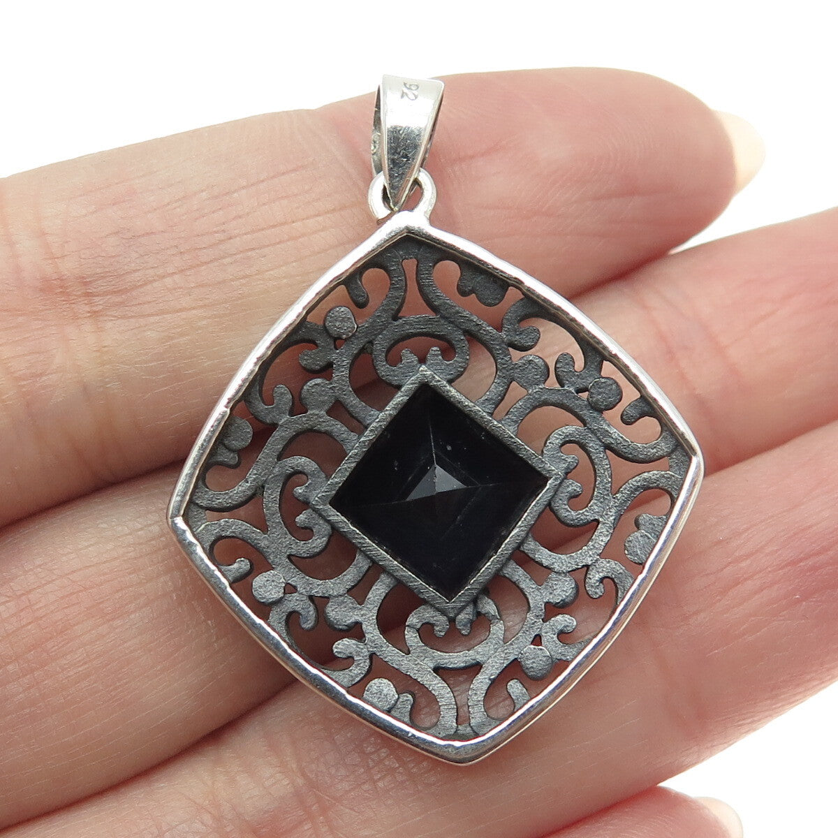 925 Sterling Silver Vintage Real Iolite Gemstone Swirl Ornate Pendant