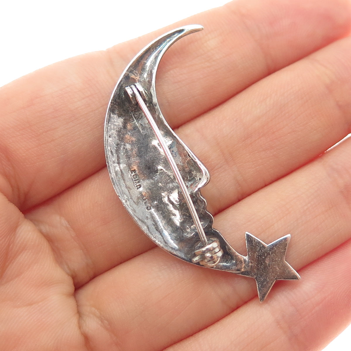 BOMA 925 Sterling Silver Vintage Crescent & Star Man in the Moon Pin Brooch