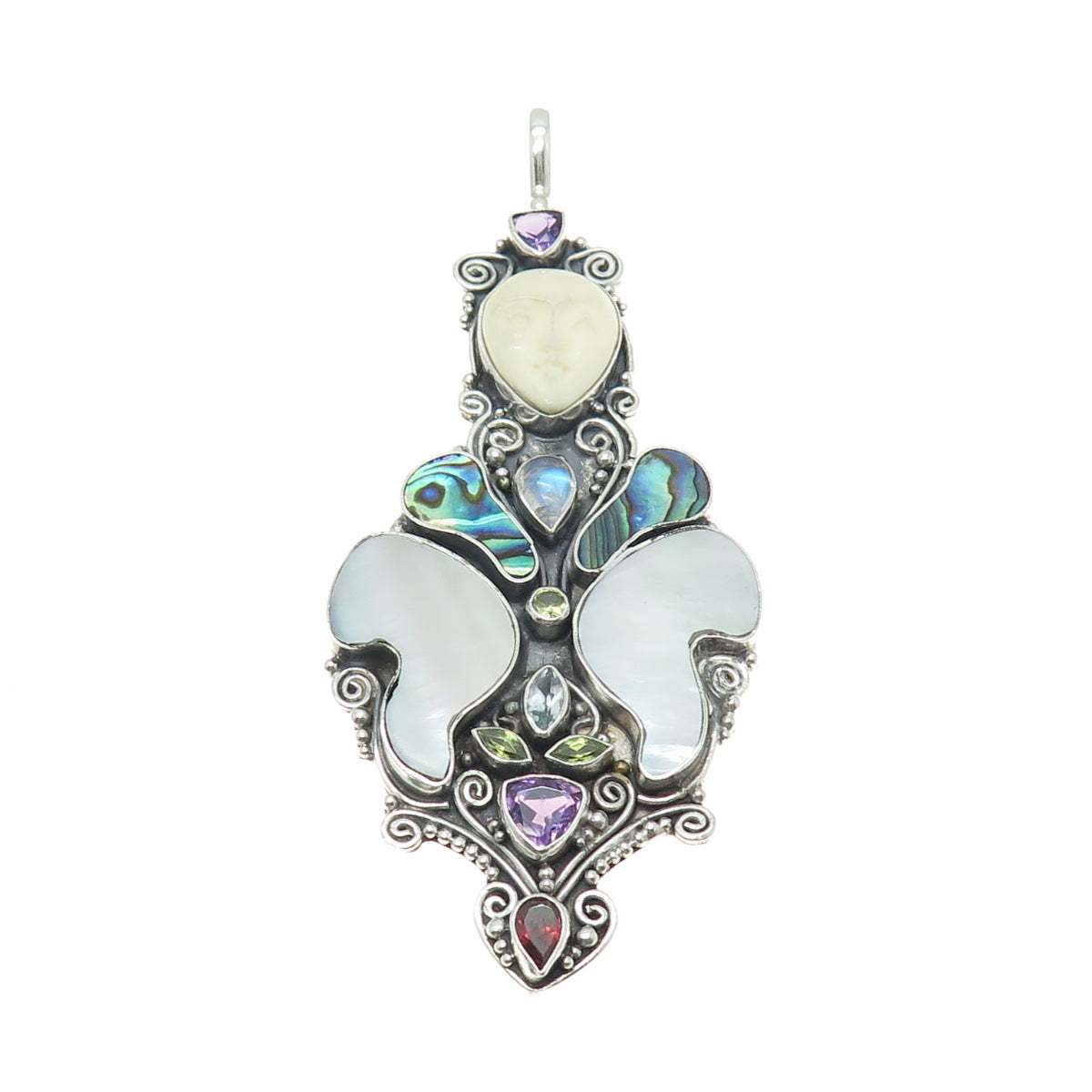 925 Sterling Silver Vintage Real Multi-Gem MOP & Abalone Shell Goddess Pendant